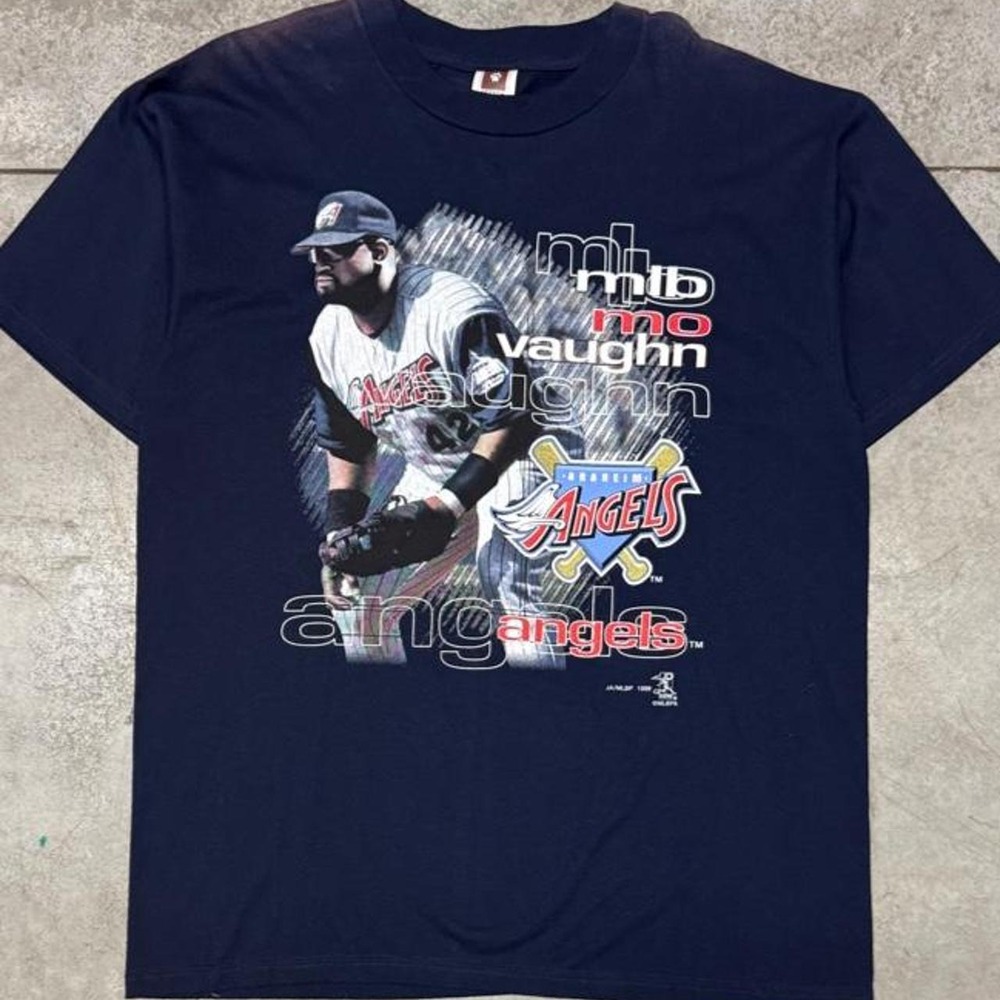 Vintage 90s Anaheim Angels MLB Mo Vaughn Player T Shirt Navy Sz XL